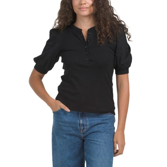 CYRUS Black Puff Sleeve Henley Neck Tee - Picture 1 of 2
